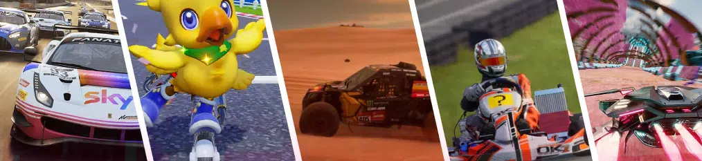 Collage de différents styles de jeux de course (GT, kart, rallye, arcade)
