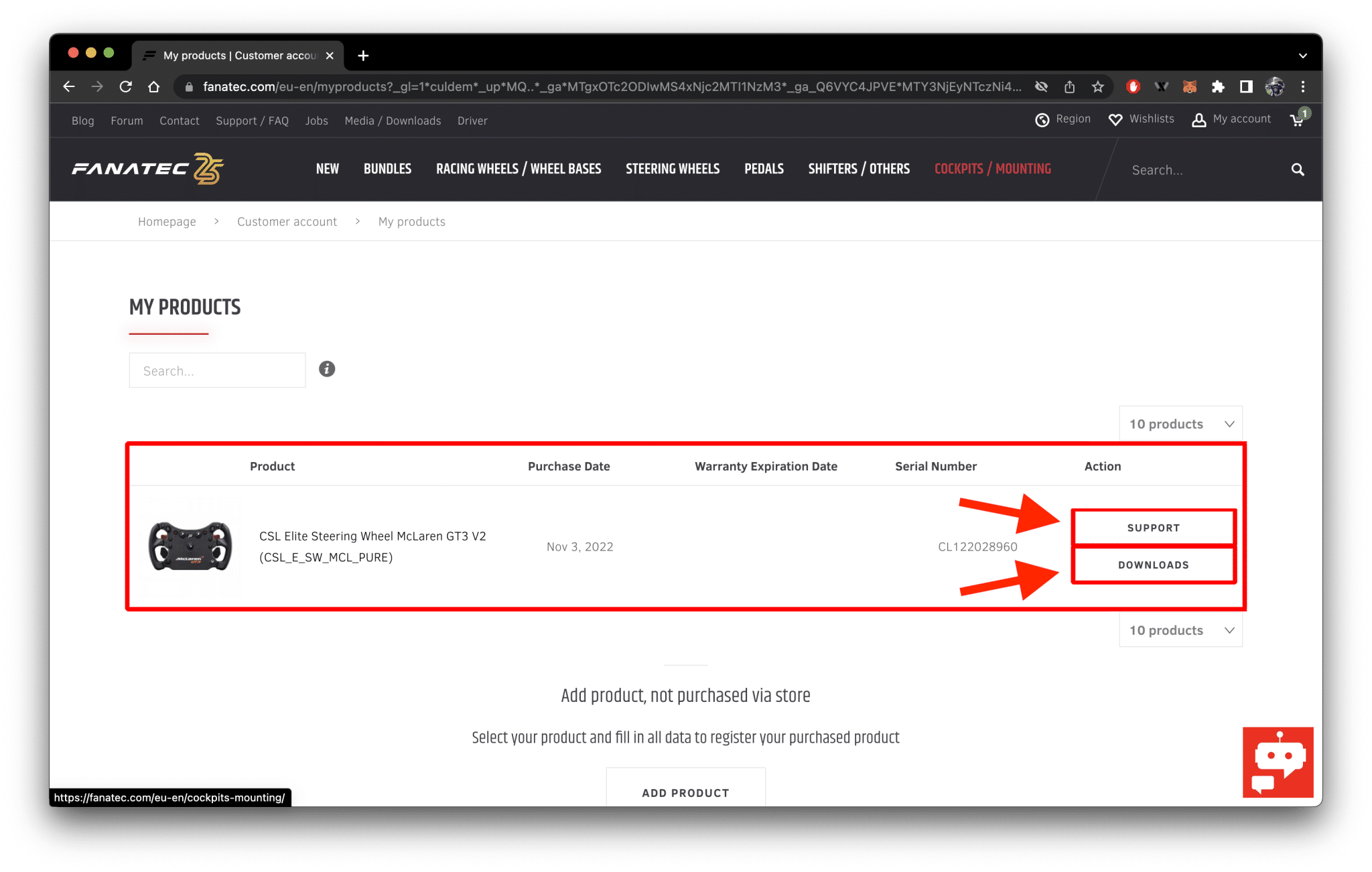 Transférer la garantie d'un produit Fanatec