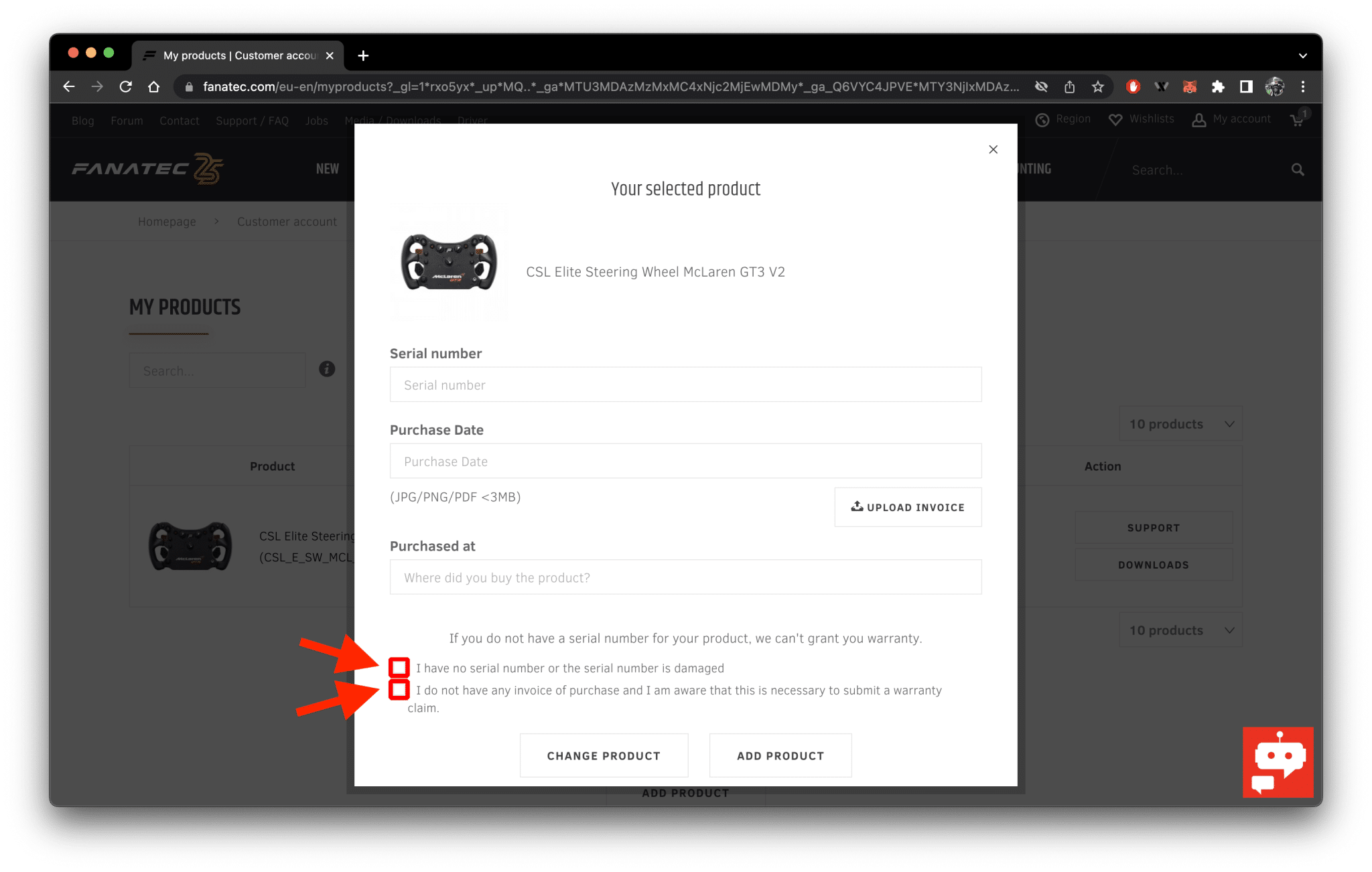 Transférer la garantie d'un produit Fanatec