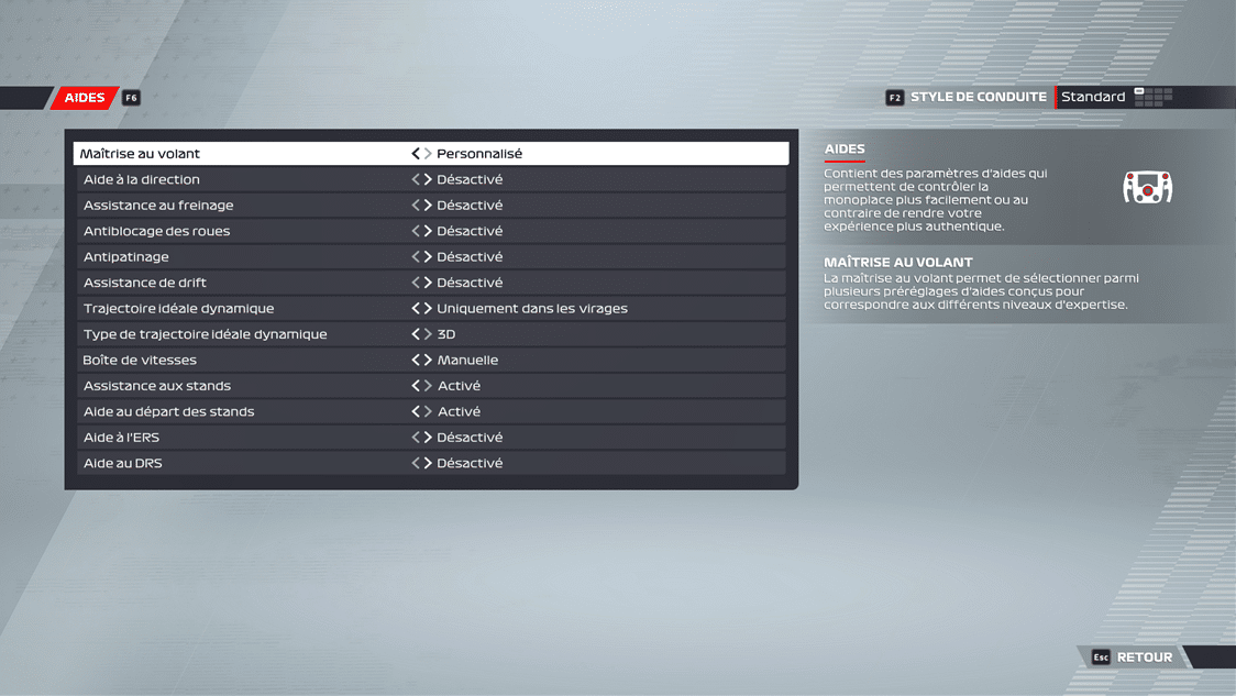 Les réglages des aides dans F1 22 avec le T818