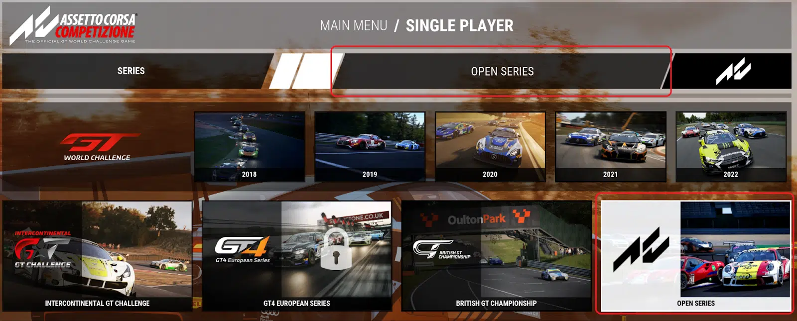 Le choix de la catégorie Open Series dans Assetto Corsa Competizione