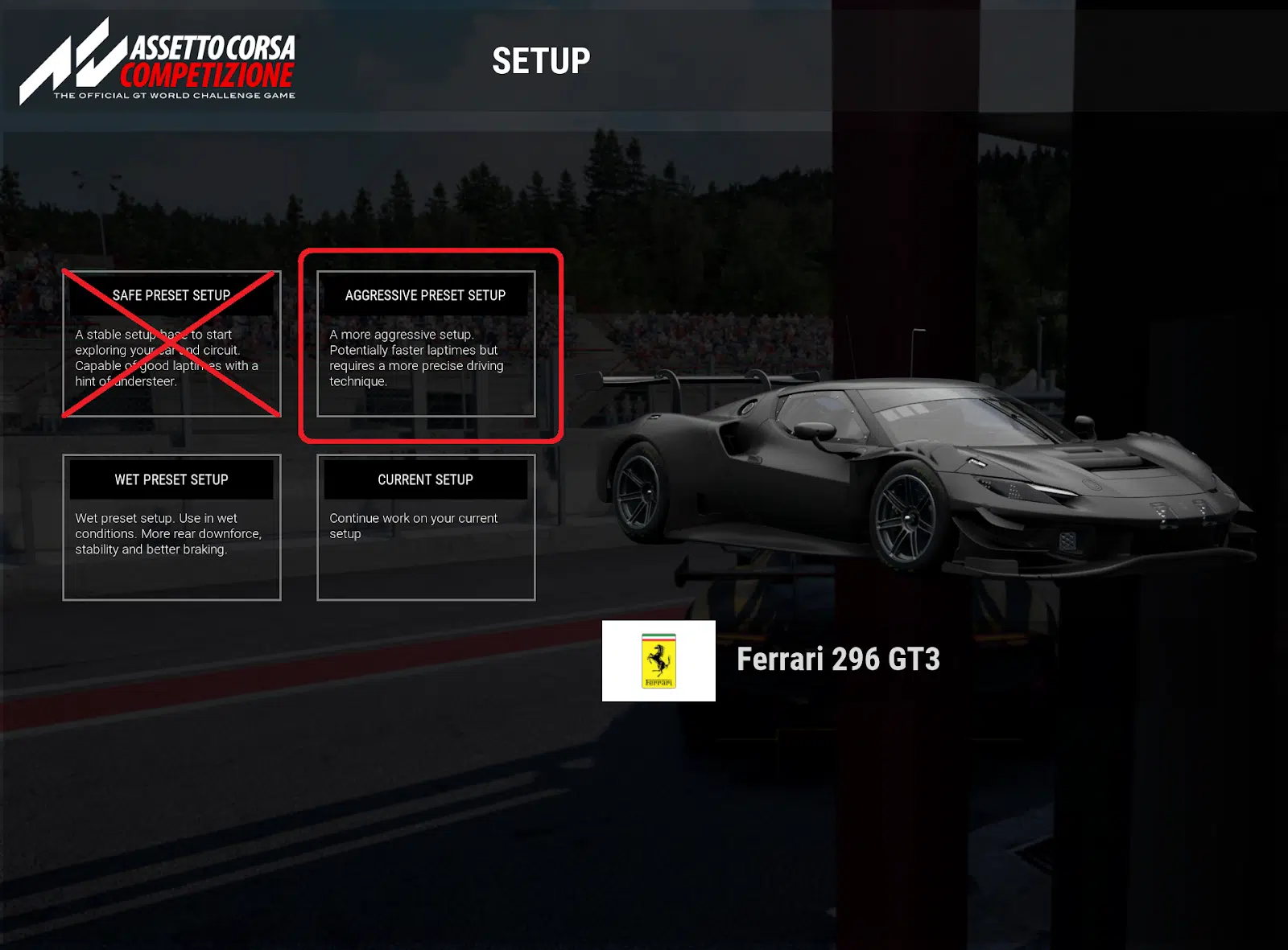 Le choix du setup Agressif dans Assetto Corsa Competizione