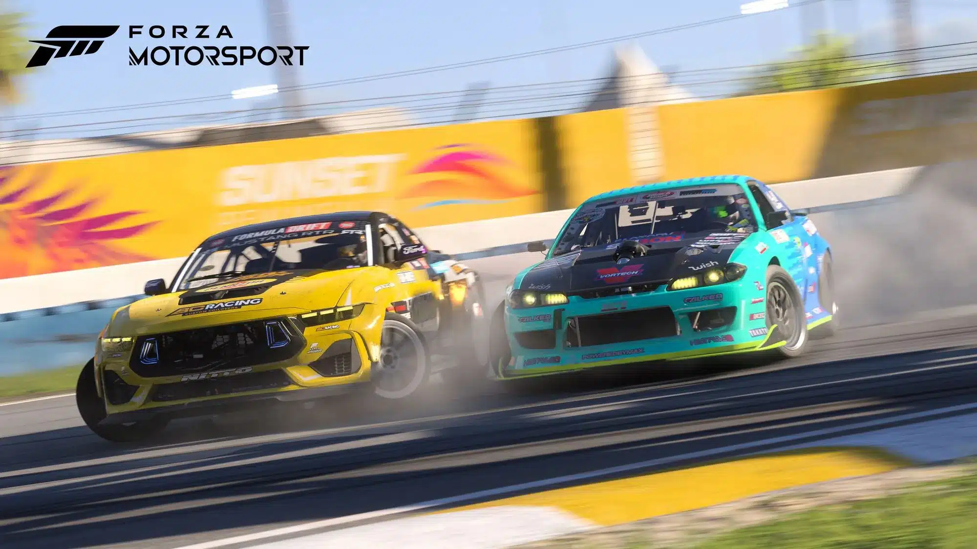 Deux voitures en drift côte à côte dans Forza Motorsport, le dernier jeu de Turn 10