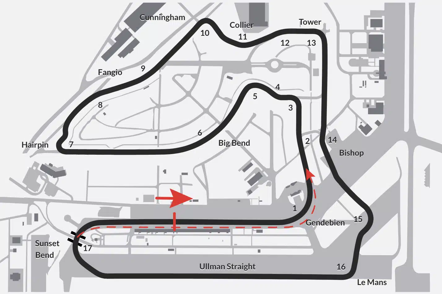 MAP-iracing-Sebring-2025-AlexD Schéma de la map du circuit utilisé aux 12 Heures de Sebring iRacing 2025 avec le nom des virages