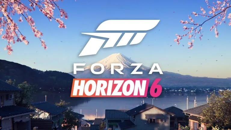 Logo Forza Horizon 6 devant le mont Fuji et des cerisiers en fleurs au-dessus d'un village japonais