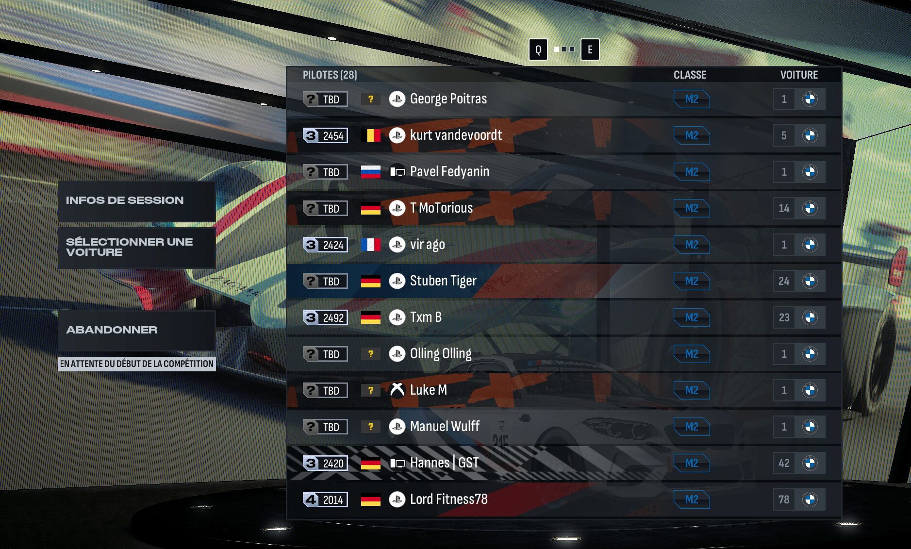La liste des pilotes engagés dans une course en ligne de Rennsport