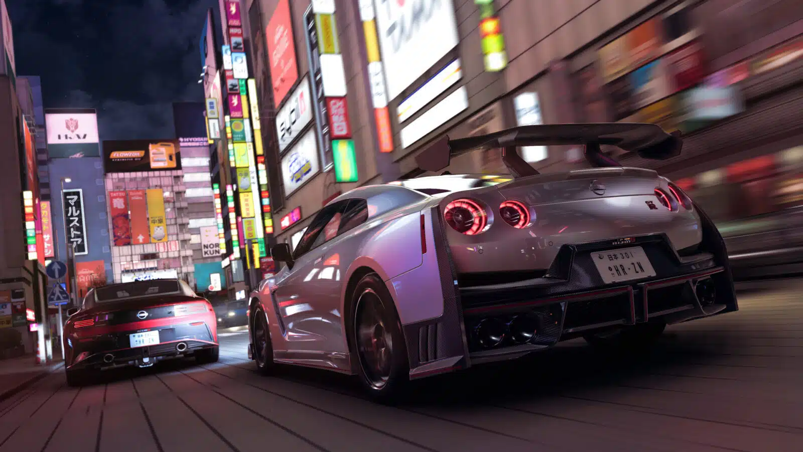 Nissan GT-R de dos dans une rue de Tokyo illuminée de néons dans Forza Horizon 6