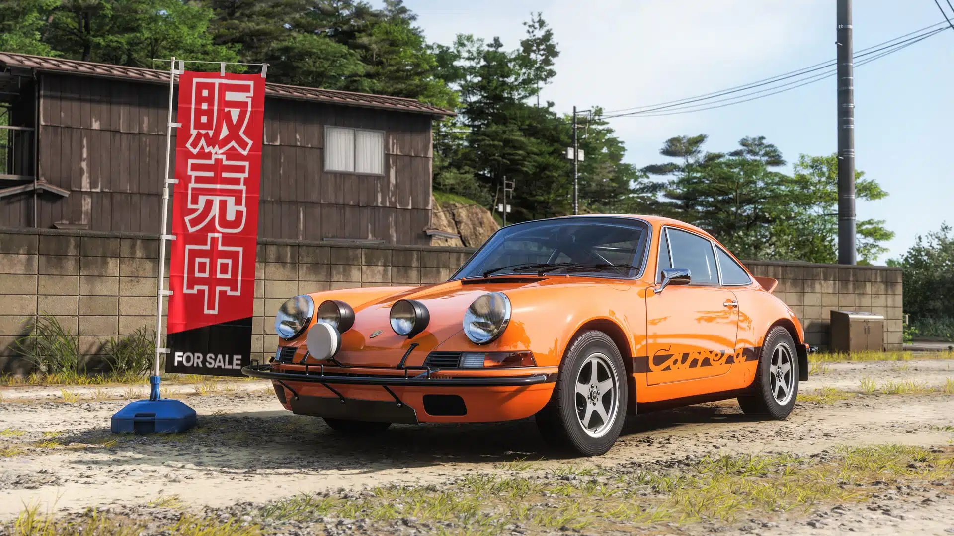 Porsche 911 Carrera RS orange devant un garage japonais dans Forza Horizon 6