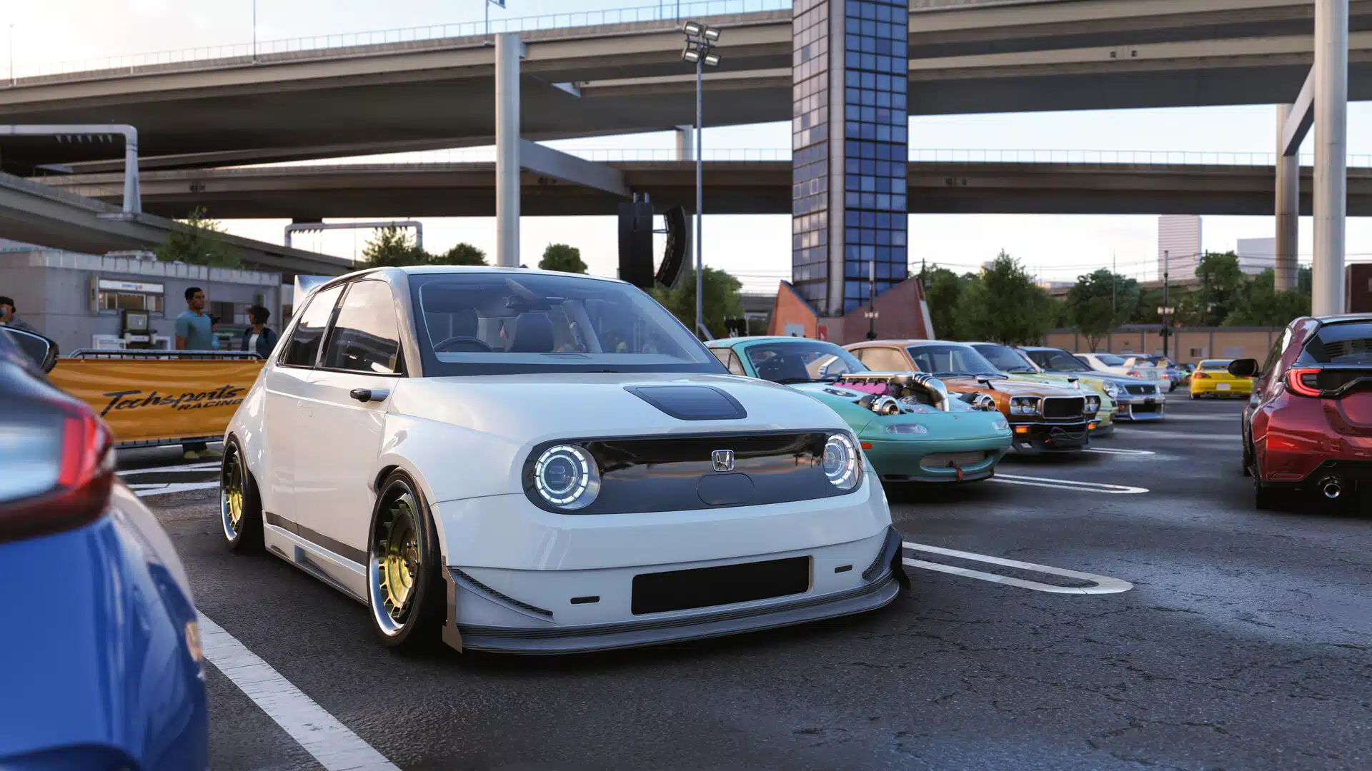 Rassemblement de voitures japonaises sur un parking à étages dans Forza Horizon 6