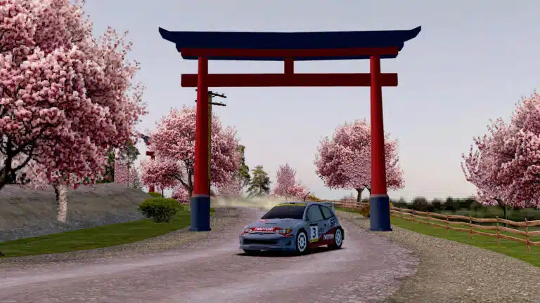 Une voiture de rallye sous un torii japonais entouré de cerisiers dans Old School Rally