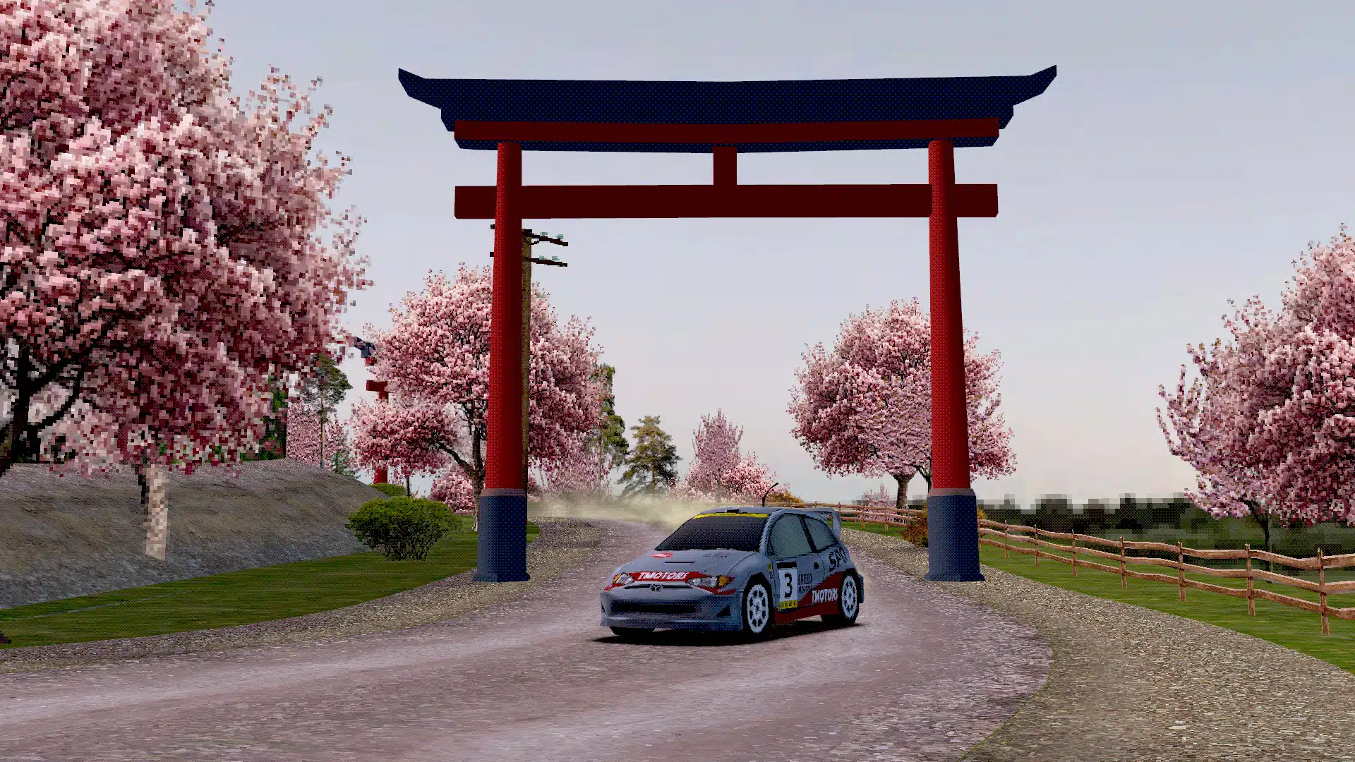 Une voiture de rallye sous un torii japonais entouré de cerisiers dans Old School Rally