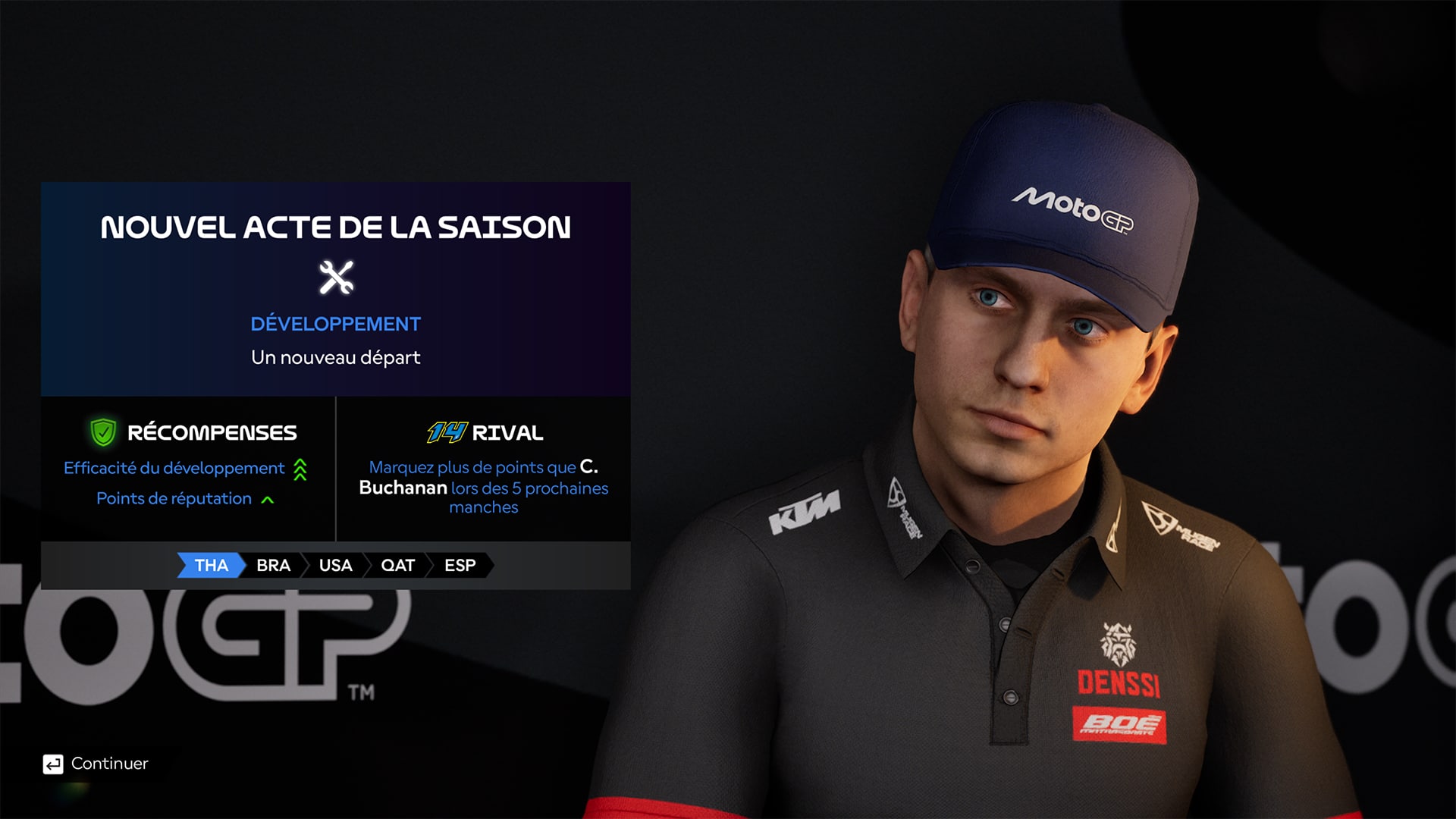 Test de MotoGP 26 : on voit ici une fenêtre de choix pour le joueur, pour la saison à venir