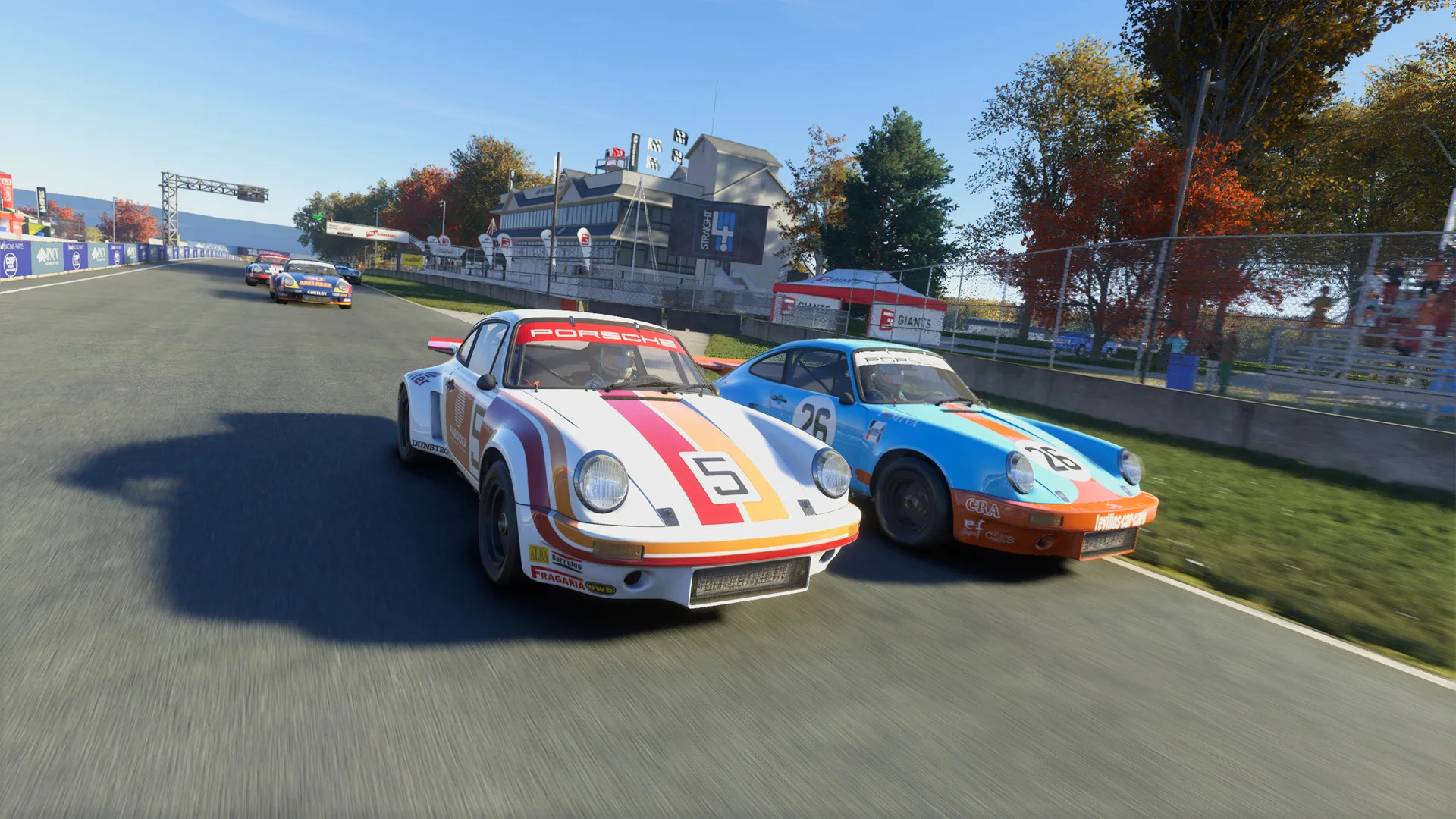 Deux Porsche 911 de course classiques au coude à coude, dans Project Motor Racing