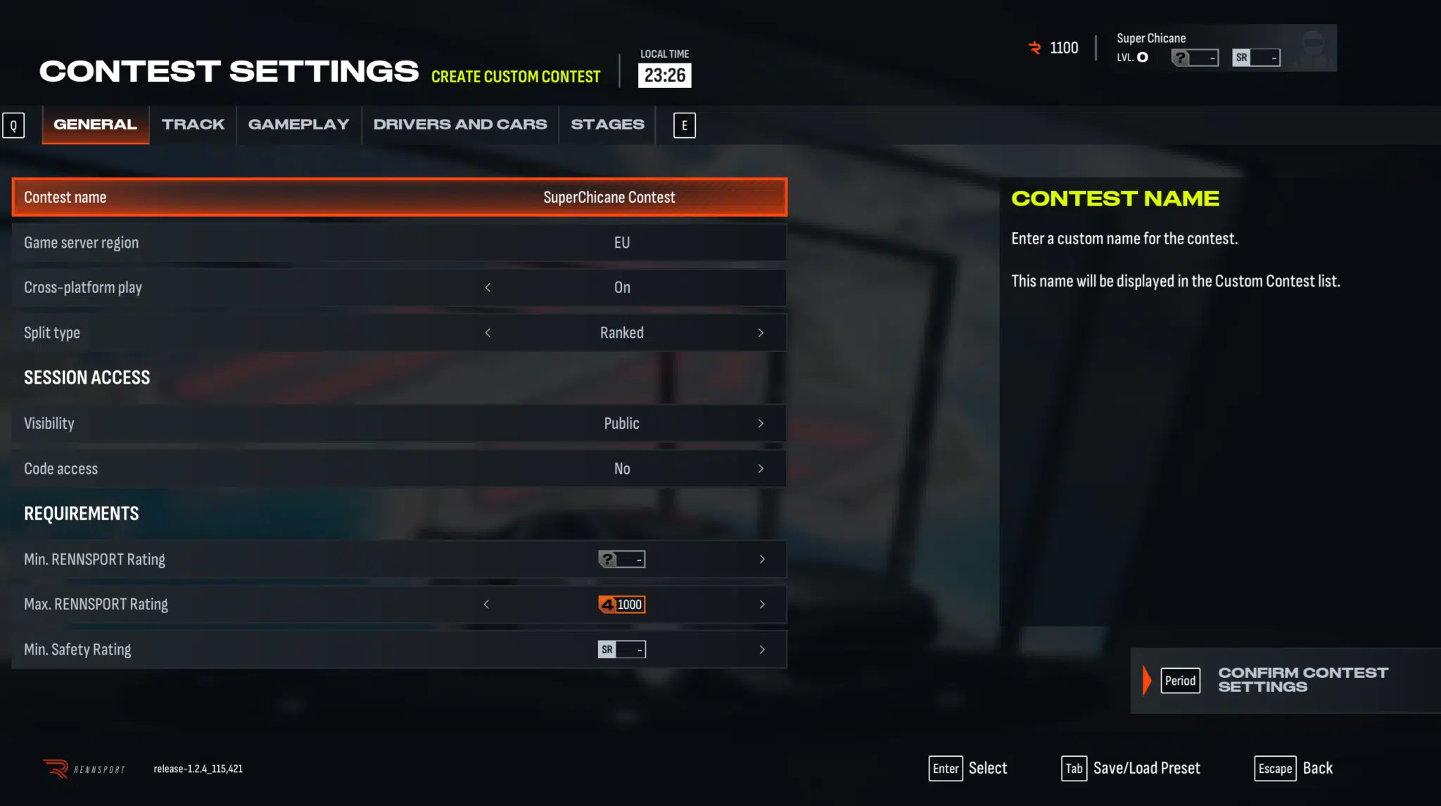 L'écran de réglages d'un Custom Contest dans Rennsport