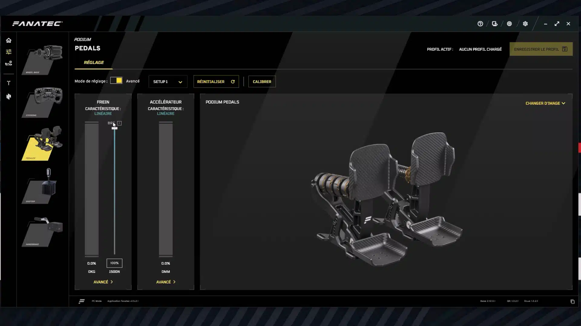 Écran de réglage des pédales dans l'application Fanatec, en mode avancé