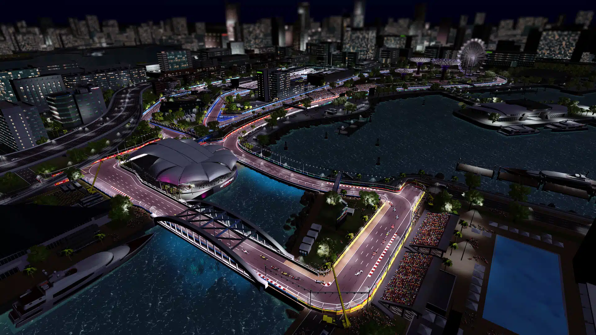 Un circuit urbain de nuit au bord de l’eau, dans Motorsport Manager 2