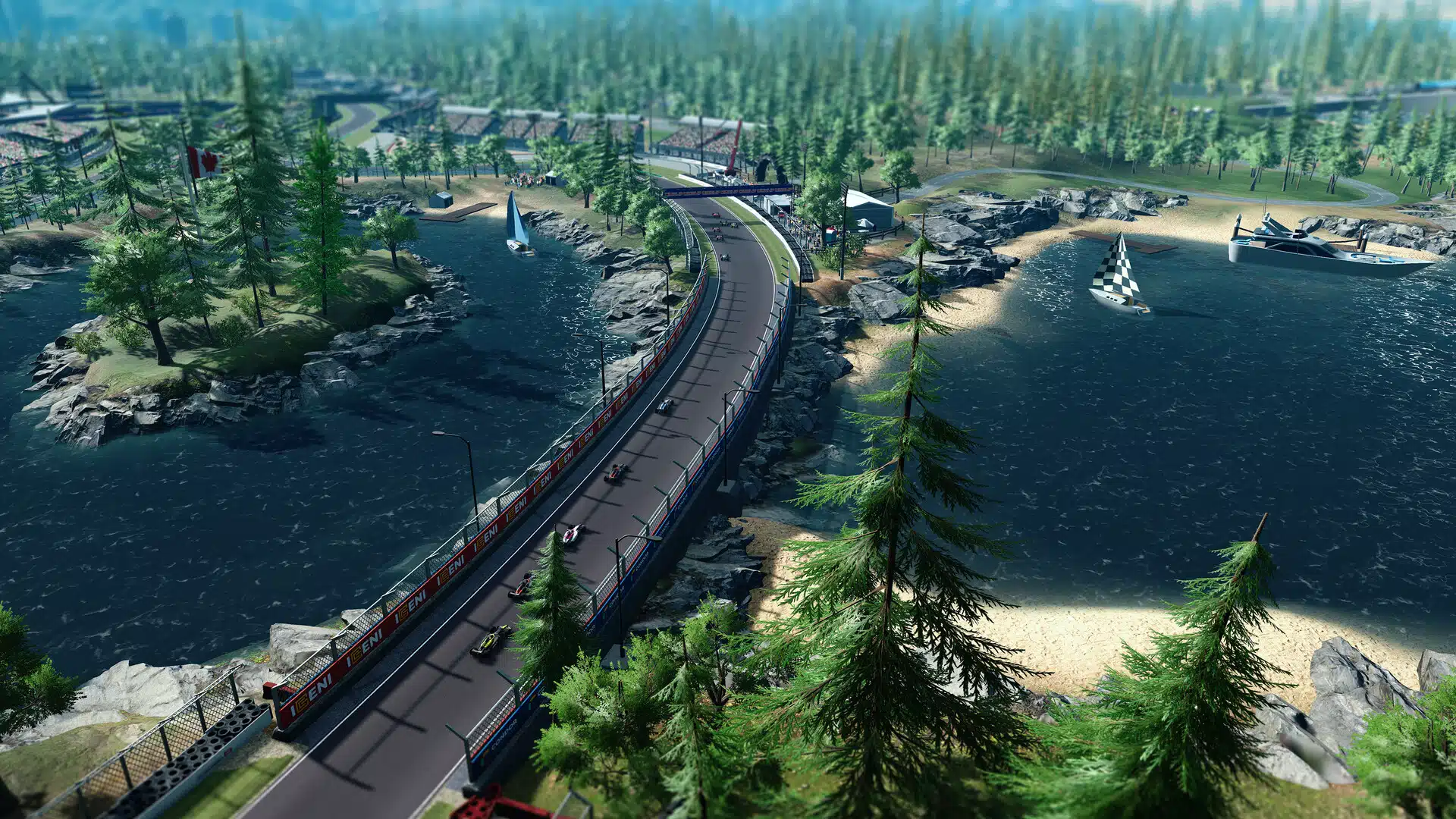 Un circuit qui traverse un lac sur une digue, bordé de sapins, dans Motorsport Manager 2