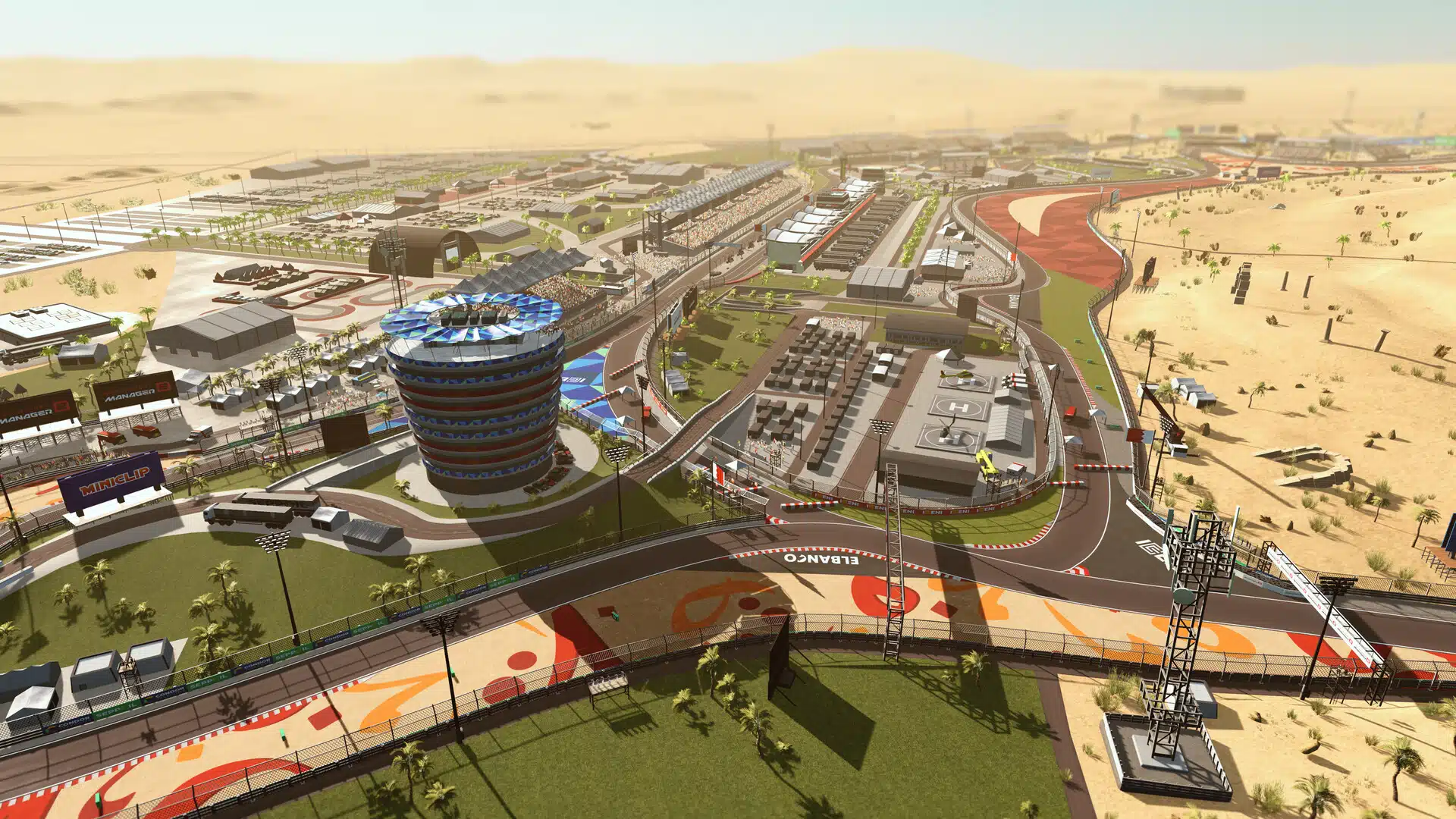 Un circuit en plein désert, avec sa tour de contrôle, dans Motorsport Manager 2