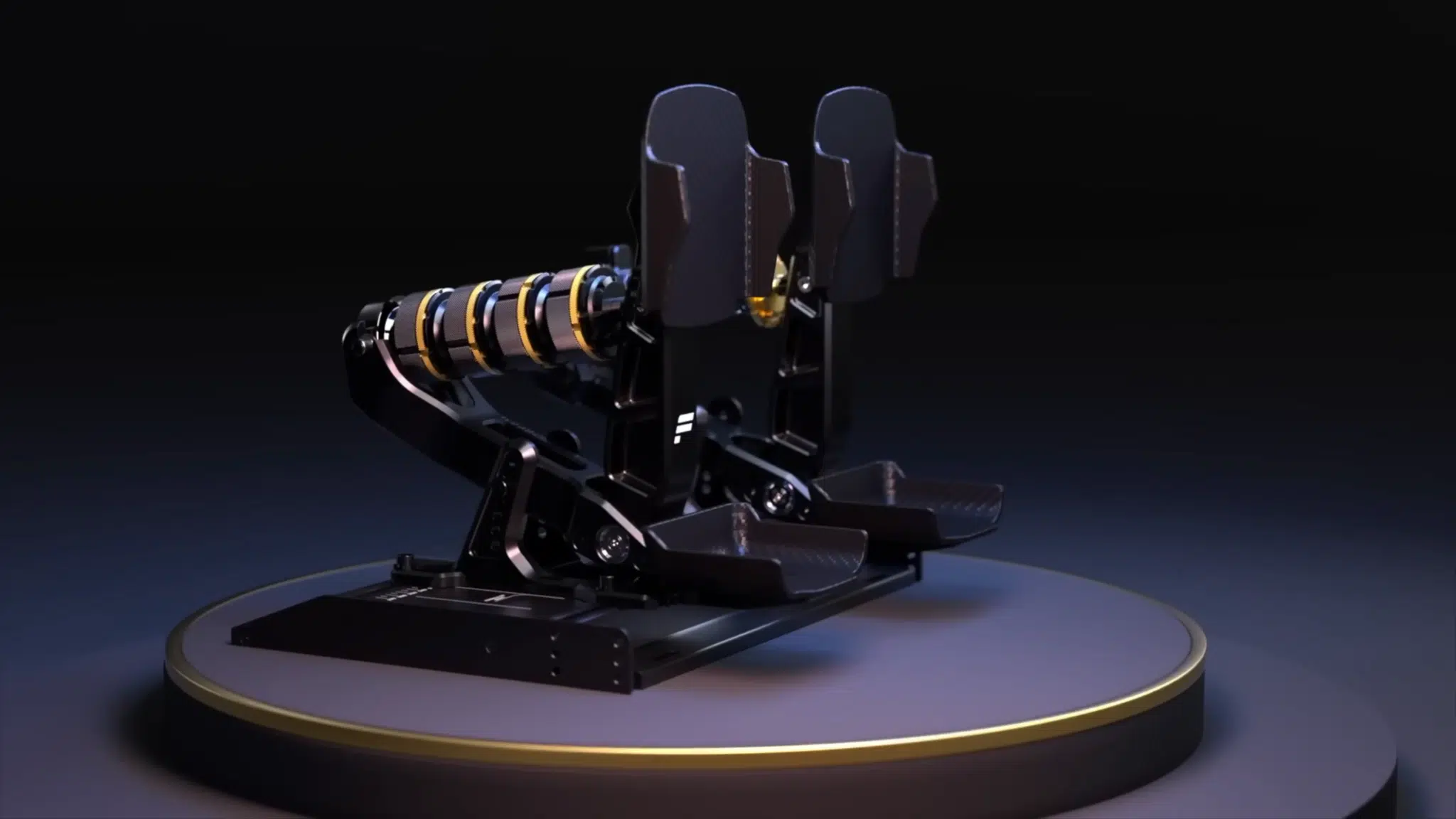 Rendu officiel du Fanatec Podium Pedals Formula présenté sur un socle