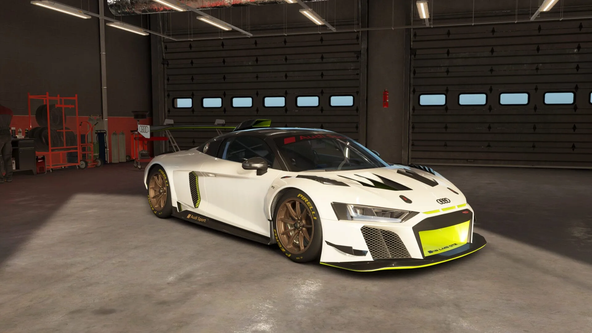 L'Audi R8 LMS GT2 au garage dans Assetto Corsa EVO 0.9