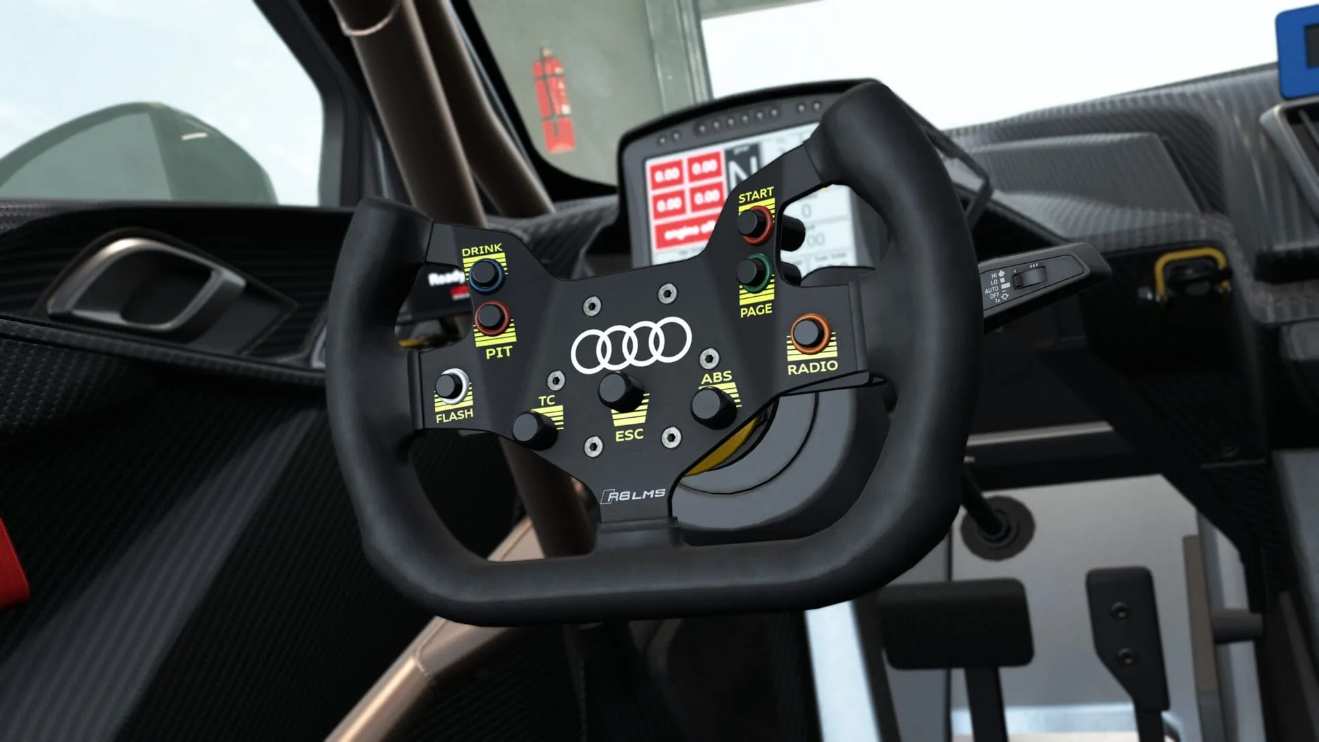 Le volant de l'Audi R8 LMS GT2 dans Assetto Corsa EVO 0.9