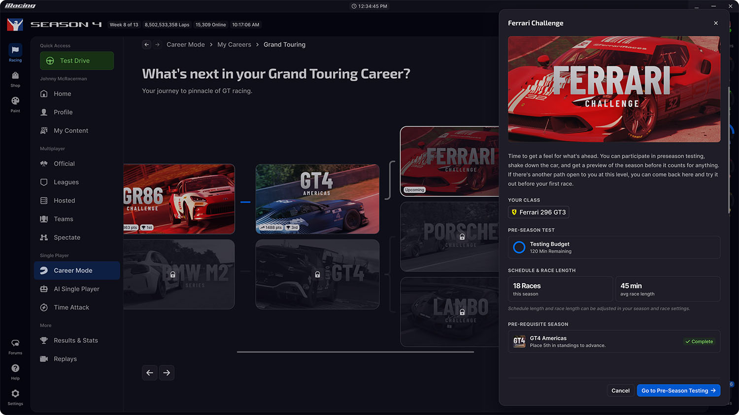 Le mode carrière solo d'iRacing