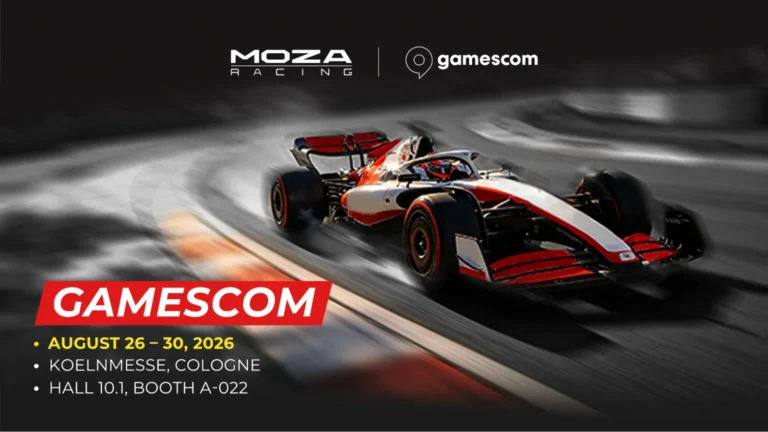 Visuel Moza Racing pour la Gamescom 2026, hall 10.1 stand A-022