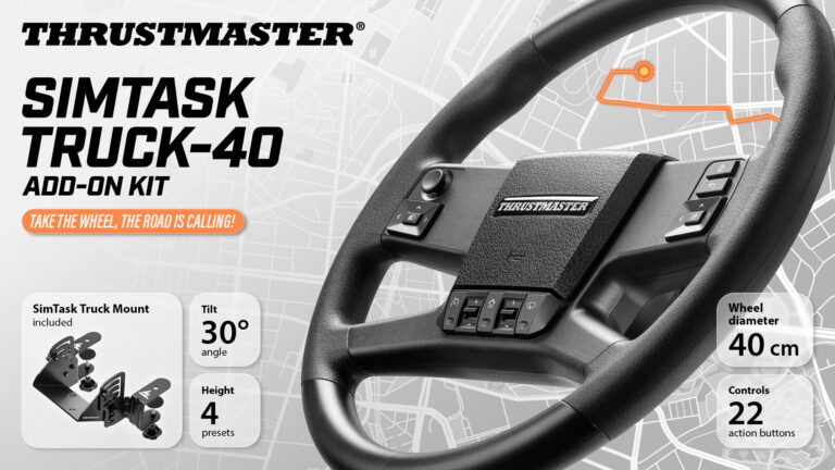 Le kit Thrustmaster SimTask Truck-40 avec sa roue de 40 cm et son support métallique réglable