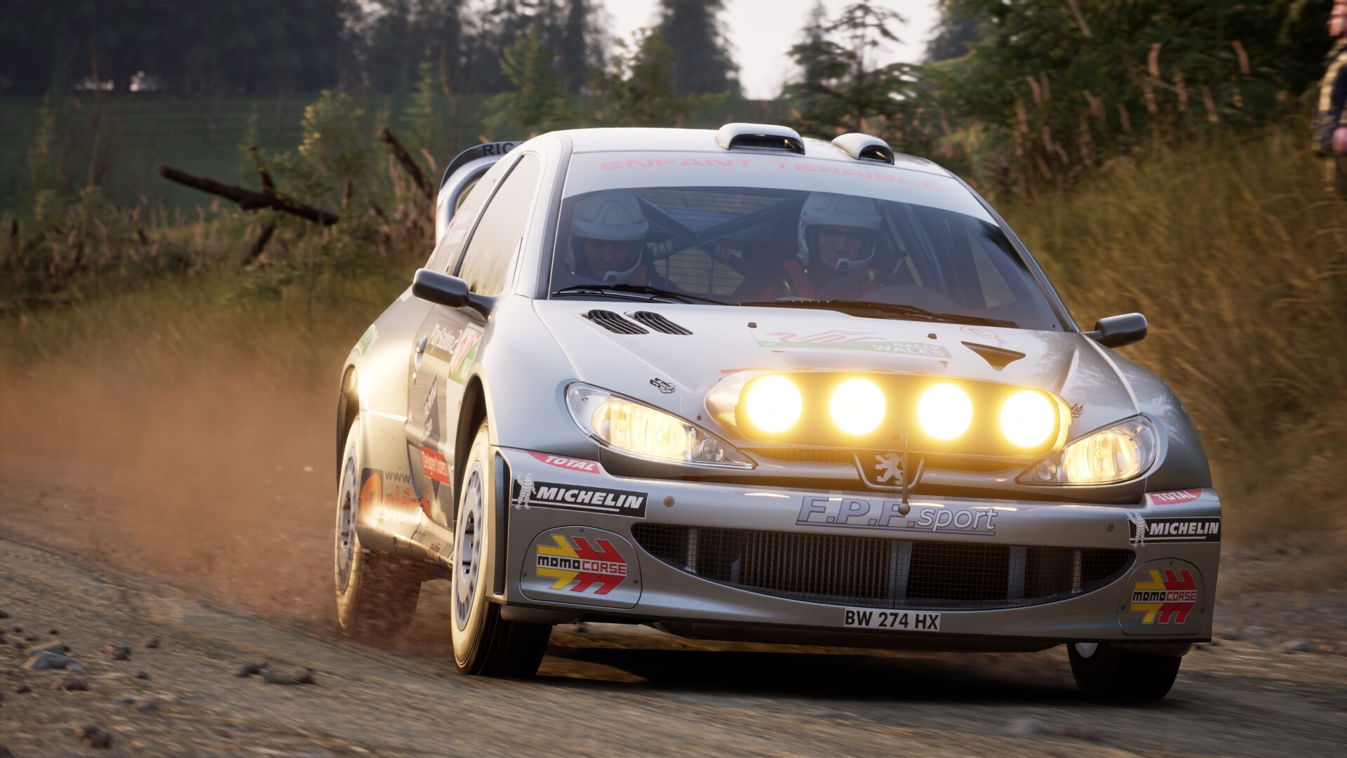 Peugeot 206 WRC blanche lancée sur un chemin de terre dans Assetto Corsa Rally