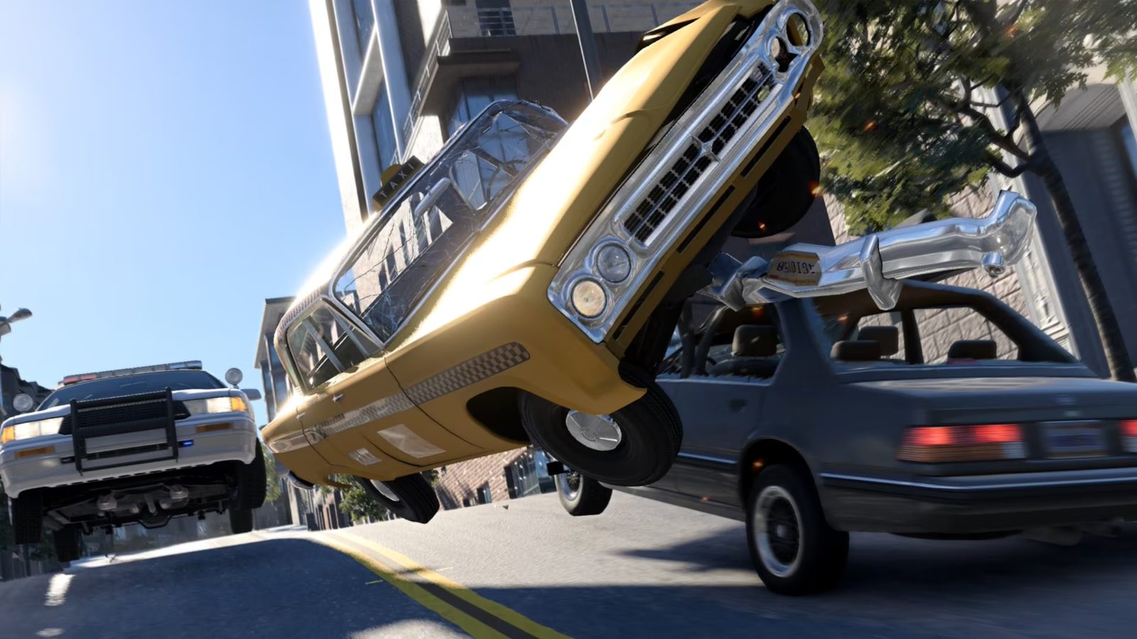Accident illustrant la physique de déformation soft-body de BeamNG.drive, une voiture jaune projetée en l'air