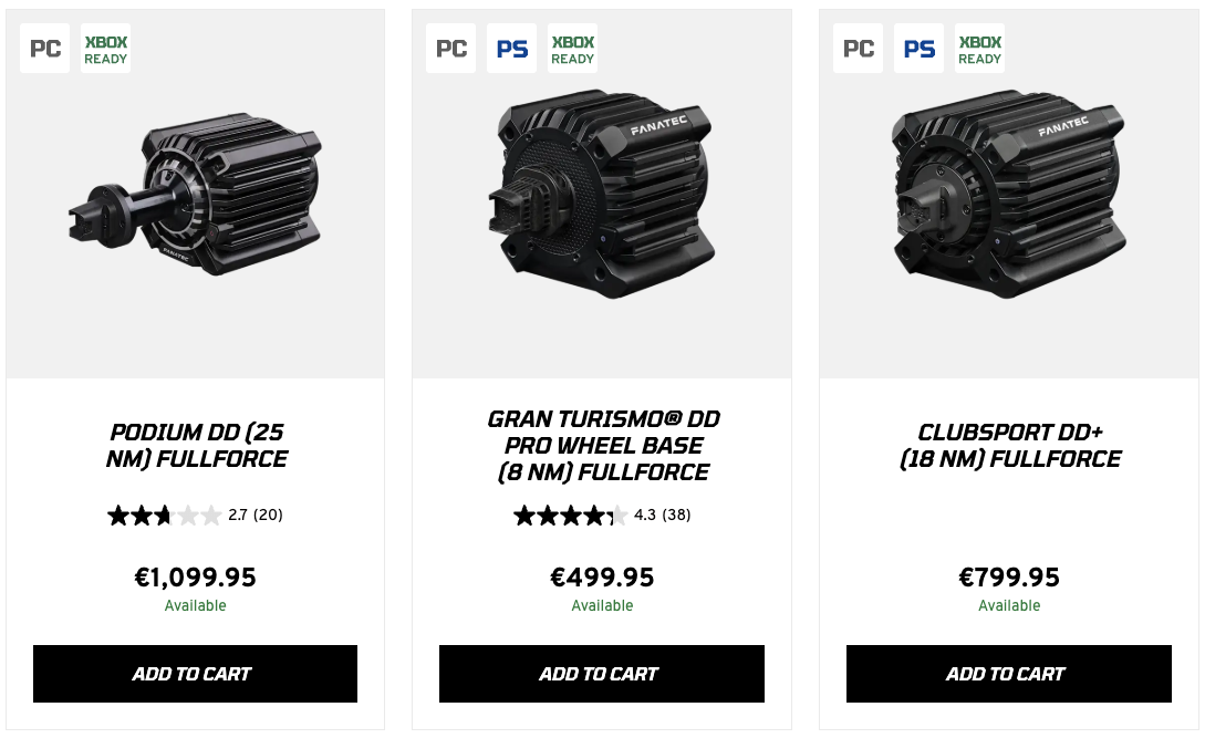 Les pictos de compatibilité Fanatec sur trois bases : le Podium DD en PC et Xbox Ready, le GT DD Pro et le ClubSport DD+ avec le picto PS en plus