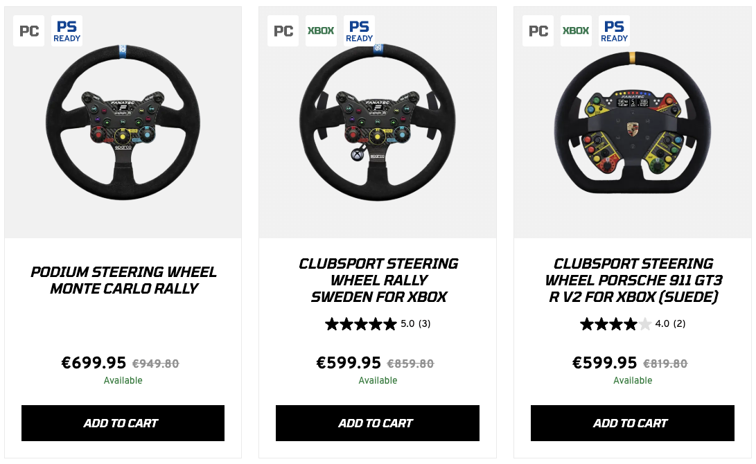 Trois volants Fanatec et leurs pictos : les versions for Xbox portent le badge XBOX, le Podium Monte Carlo Rally ne l'a pas