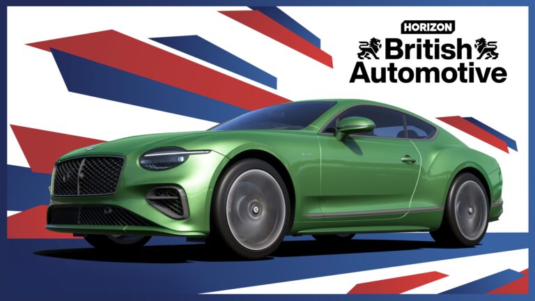 Bentley Continental GT verte devant un Union Jack et le logo Horizon British Automotive de Forza Horizon 6