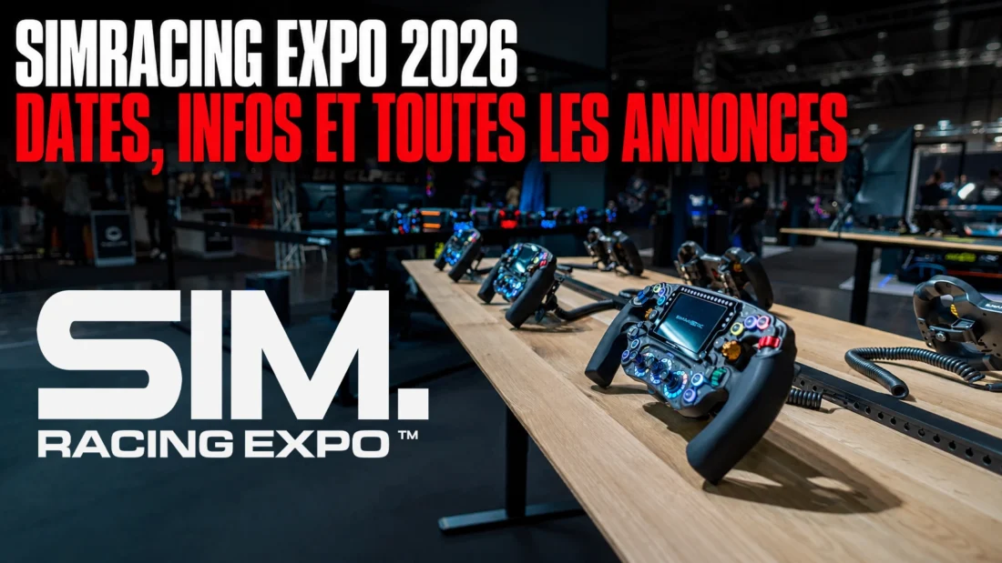 SimRacing Expo 2026 : dates, infos et toutes les annonces, sur fond de volants de simracing alignés sur un stand du salon