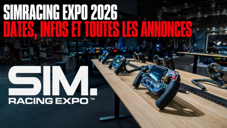 SimRacing Expo 2026 : dates, infos et toutes les annonces, sur fond de volants de simracing alignés sur un stand du salon