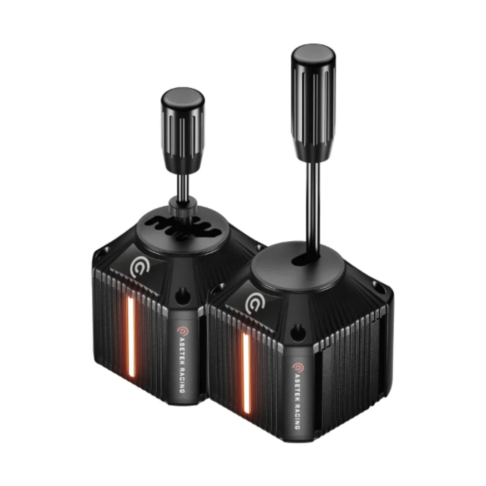 Le Dual Mode Shifter et le Load Cell Handbrake d'Asetek Racing côte à côte sur fond blanc