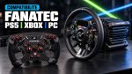Une base Fanatec avec un volant Gran Turismo pour PlayStation et un volant Formula pour Xbox posés à côté
