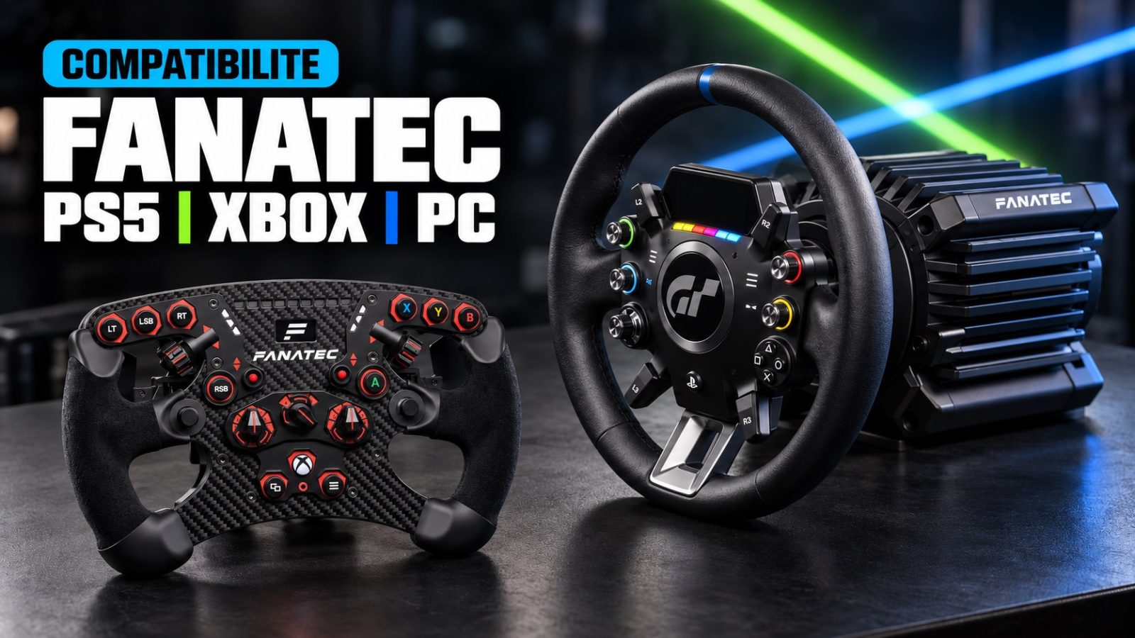 Une base Fanatec avec un volant Gran Turismo pour PlayStation et un volant Formula pour Xbox posés à côté