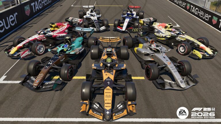 Les monoplaces de la saison 2026 alignées sur la grille dans F1 25