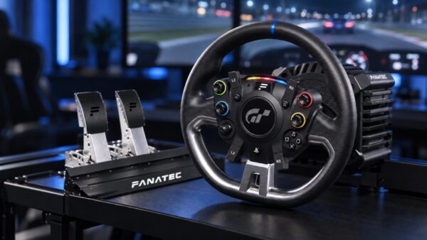 Base Fanatec GT DD Pro et son pédalier, matériel visé par la mise à jour Fanatec App 1.5.4.1