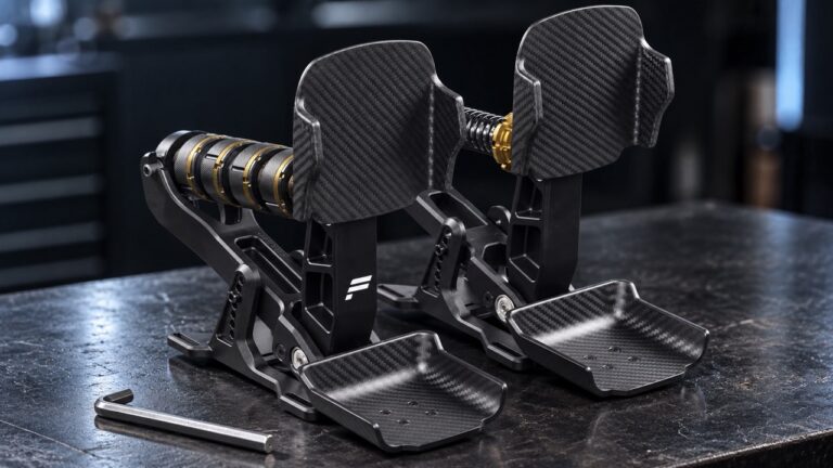Pédalier Fanatec Podium Pedals Formula posé sur un établi, avec une clé Allen au premier plan