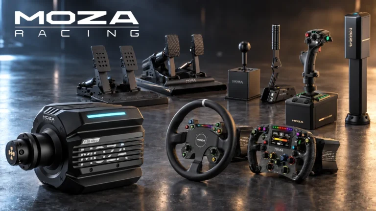 La gamme Moza Racing 2026 : base R16 Ultra, roues GT et formule, pédaliers, levier de vitesses, frein à main et manche de flight sim