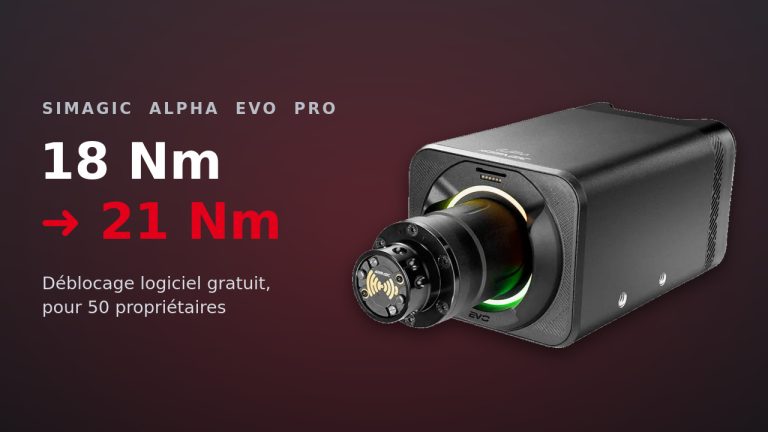 Base Simagic Alpha EVO Pro avec la mention du passage de 18 Nm à 21 Nm