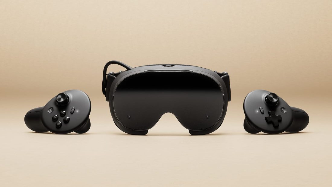 Le Steam Frame de Valve, casque VR sans fil, entouré de ses deux manettes