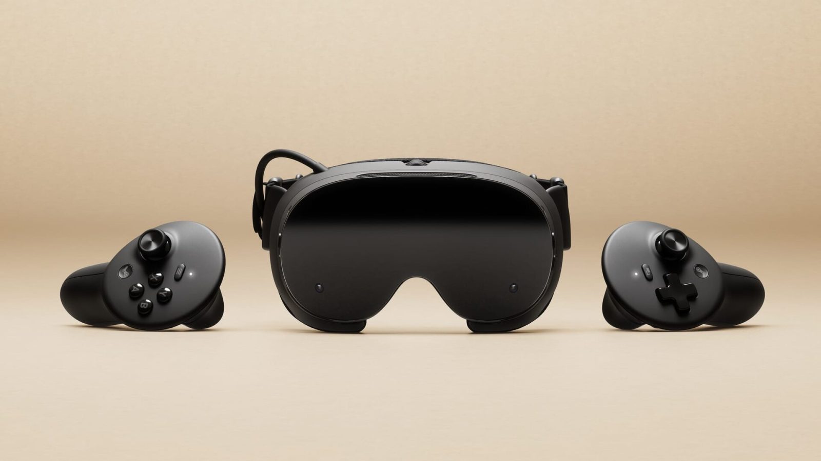 Le Steam Frame de Valve, casque VR sans fil, entouré de ses deux manettes