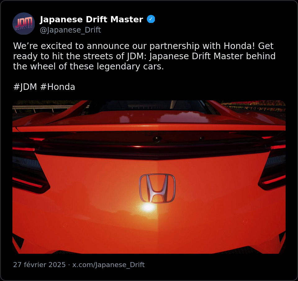 Publication X du studio annonçant le partenariat avec Honda, avec une Honda rouge vue de l’arrière