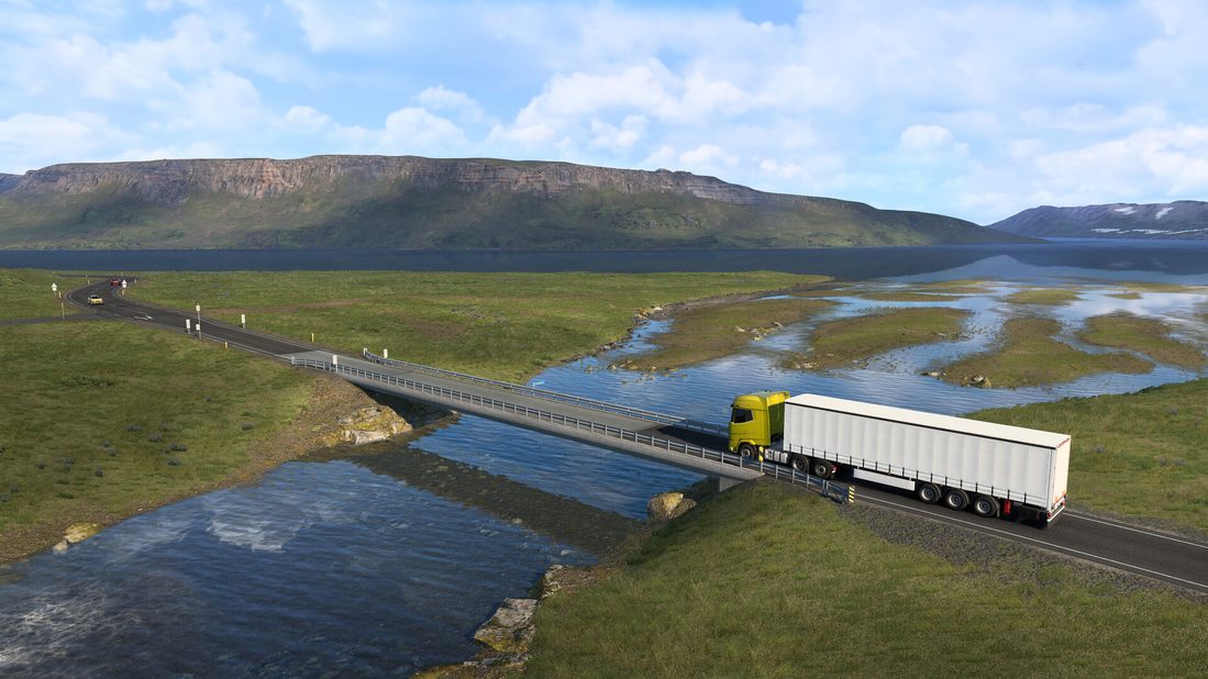 Un camion sur un pont à voie unique au-dessus d'une rivière glaciaire, dans le DLC Iceland d'Euro Truck Simulator 2