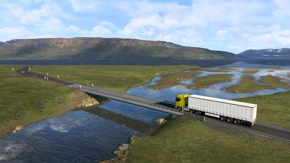 Un camion sur un pont à voie unique au-dessus d'une rivière glaciaire, dans le DLC Iceland d'Euro Truck Simulator 2