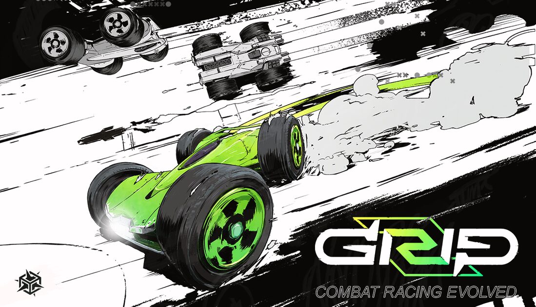 Voiture verte de GRIP 2 : Combat Racing Evolved et logo du jeu