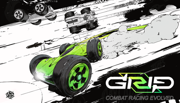 Voiture verte de GRIP 2 : Combat Racing Evolved et logo du jeu